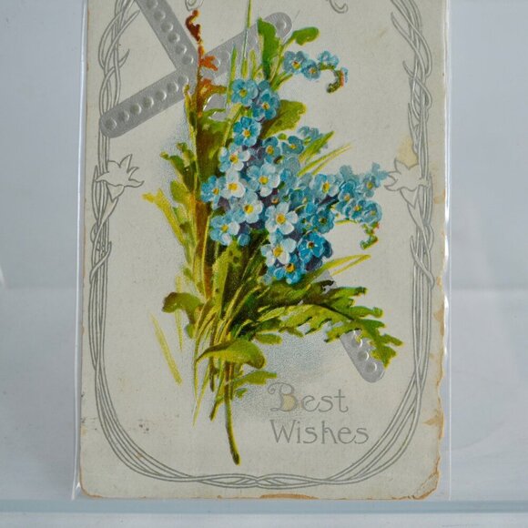 Antique Best Wishes Cross Lily Blue Flowers Postcard Stamped - Picture 2 of 3